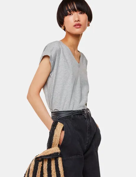 Whistles Willa Pure Cotton V-Neck T-Shirt Grey Marl