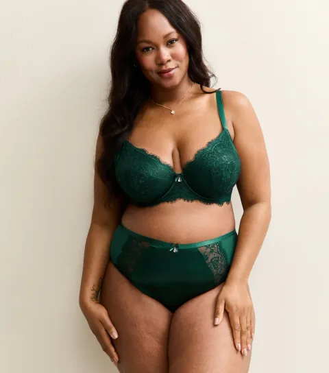 Women's Plus Size Dark Green Floral Panelled Satin Brazilian Briefs Curves