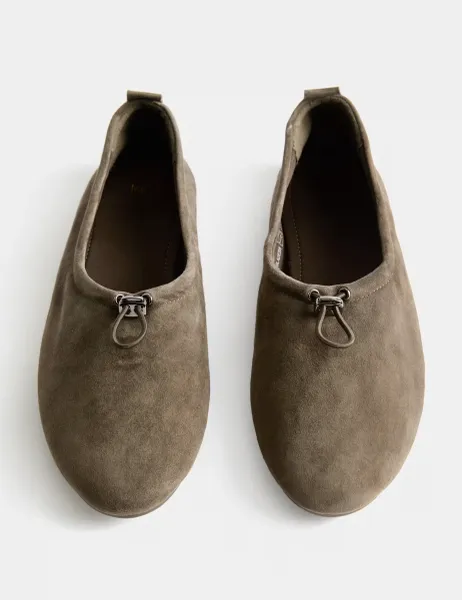 Marks & Spencer Suede Toggle Cord Flat Ballet Pumps Dark Grey