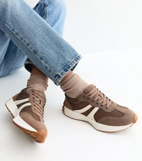 New Look Women's Brown Faux Suede Side Stripe Sporty Trainers Vegan