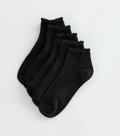 New Look Girls' Pack of 4 Black Cotton Rich Ribbed Frill Trim Socks