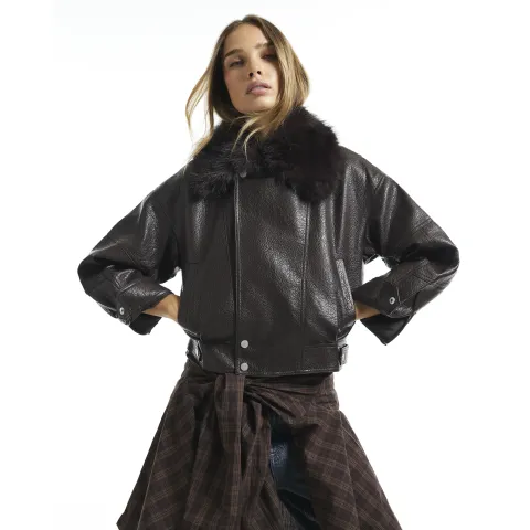 River Island Faux Leather Faux Fur Collar Jacket