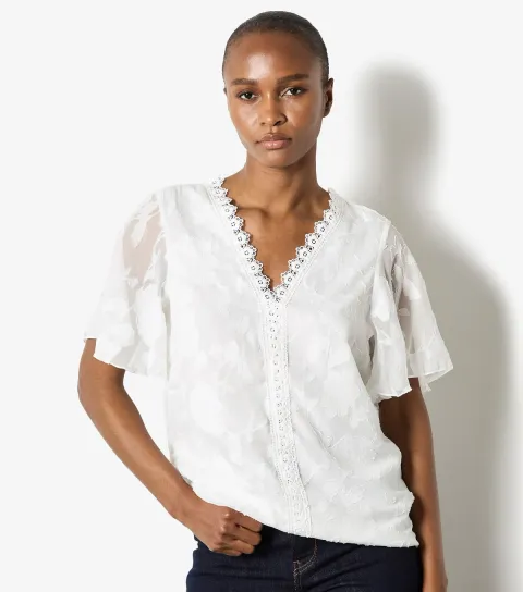 Women's White Floral Jacquard Top