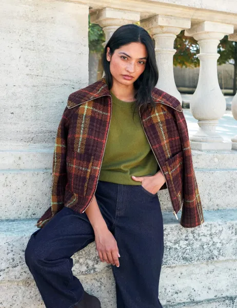 RO&ZO Wool Blend Checked Cropped Jacket Cream Mix