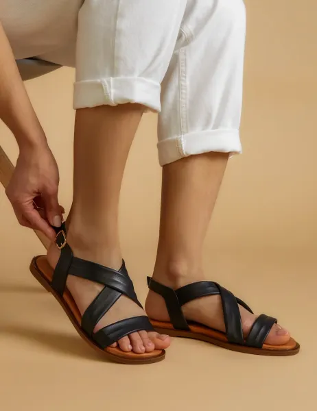 Jones Bootmaker Wide Fit Leather Strappy Flat Sandals Black