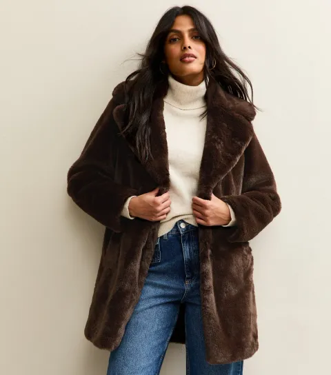 Women's Brown Faux Fur Midi Coat