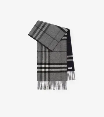 Reversible Check Cashmere Scarf in Marlborough grey/ink blue