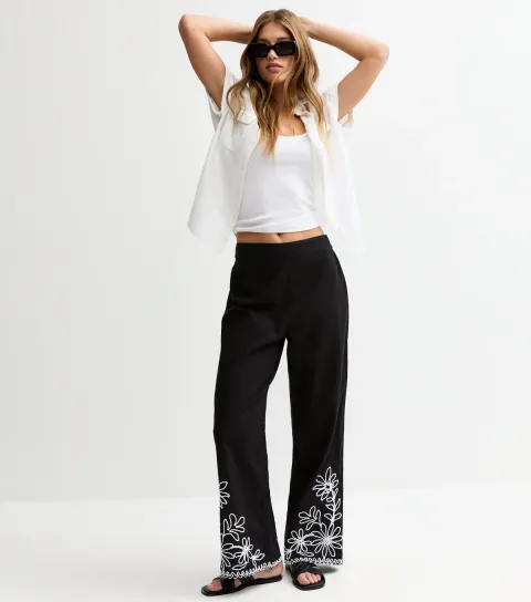 New Look Women's Black Floral Embroidered Straight Leg Trousers