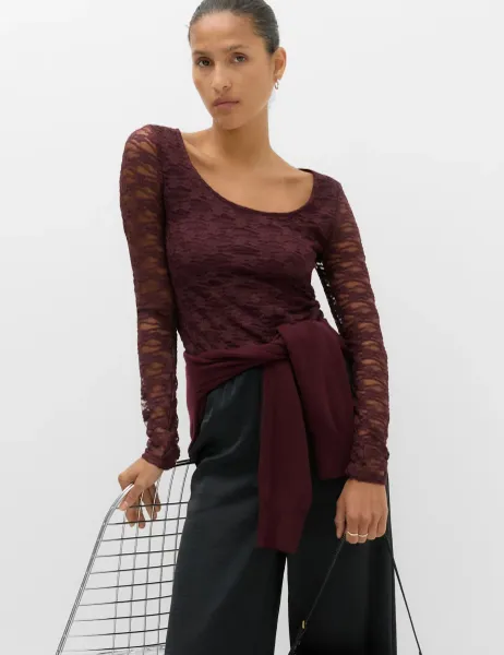 Marks & Spencer Lace Scoop Neck Top Dark Aubergine