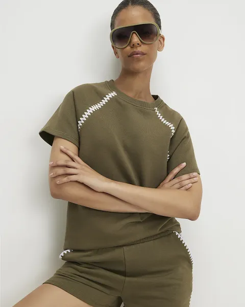 River Island Cotton Blend Whipstitch Trim T-Shirt
