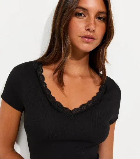 Women's Black Cotton Rich Ribbed Lace Trim V Neck T-Shirt