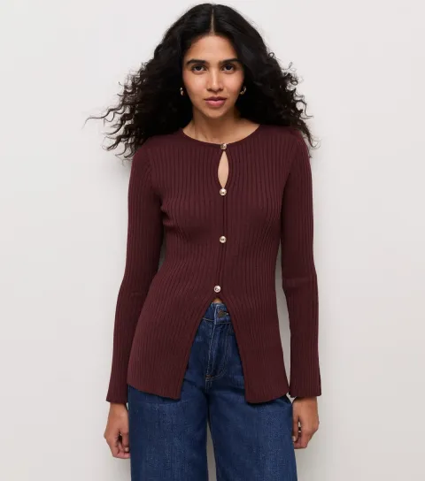 New Look Women's Dark Burgundy Ribbed Knit Button Long Sleeve Top