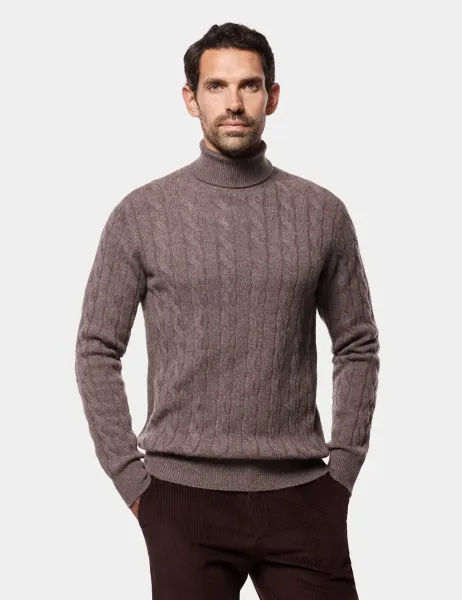 Hawes & Curtis Pure Lambswool Cable Roll Neck Jumper Brown