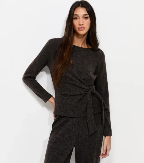 New Look Women's Dark Grey Soft Touch Tie Front Long Sleeve Top