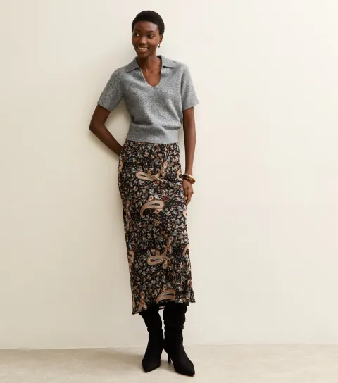 Women's Tall Black Chiffon Paisley Bias Cut Midi Skirt