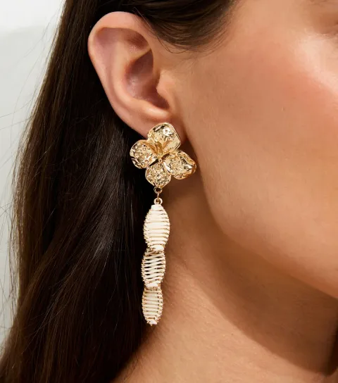 Gold Tone Off White Beaten Flower Drop Earrings