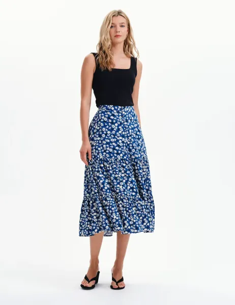 Finery London Floral Button Through Midi Tiered Skirt Navy Mix