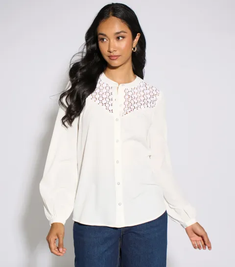 Gini London Women's White Long Sleeve Crochet Knit Blouse