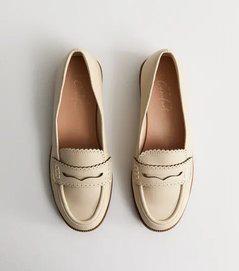 Women's Off White Faux Leather Scalloped Penny Loafers Vegan