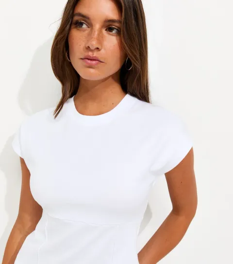 Women's White Cotton Rich Fitted Waist Grown On Sleeve T-Shirt