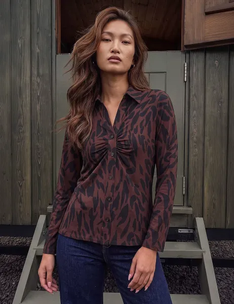 Roman Abstract Print Collared Blouse Chocolate