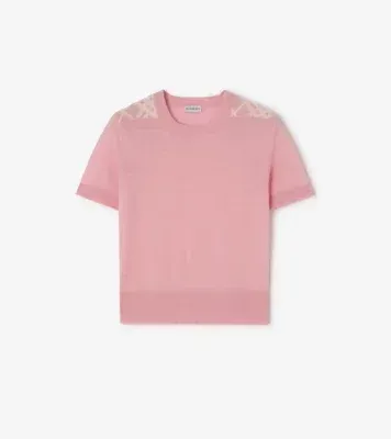 Check Panel Wool Silk Top in Begonia pink