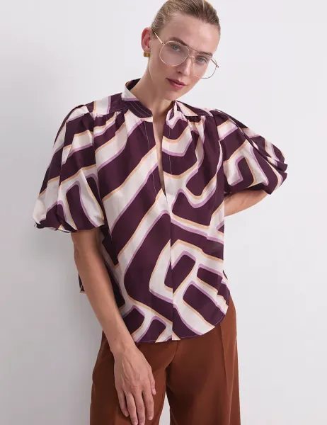Sportscraft Cotton Rick Colour Block Collared Blouse Red Mix
