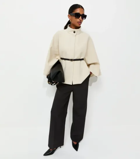 Women's Off White Belted Ottoman Cape Jacket