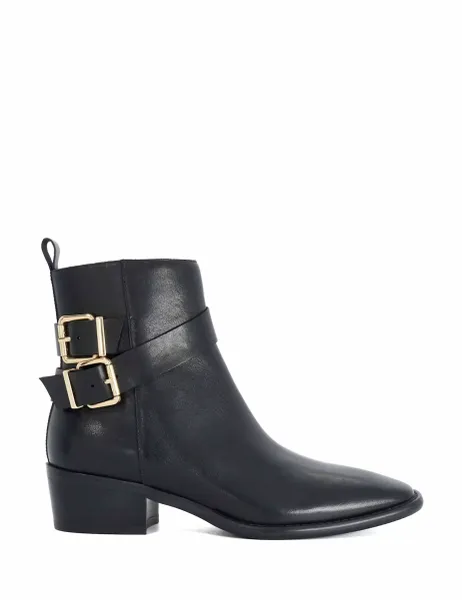 Dune London Leather Buckle Block Heel Ankle Boots Black