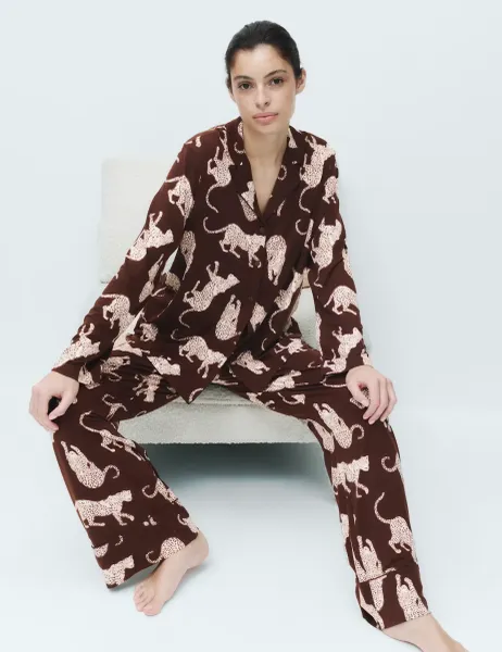 Marks & Spencer Soft Touch Printed Revere Pyjama Set Brown Mix