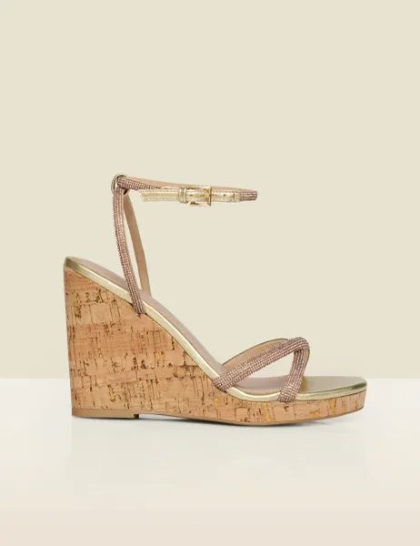 SOSANDAR Metallic Diamante Wedge Espadrilles Gold