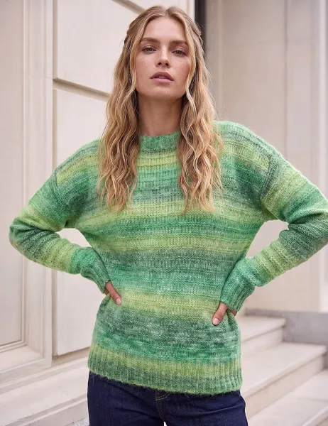 Roman Space Dyed Striped Crew Neck Jumper Green