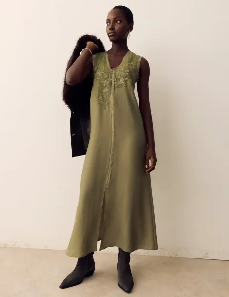 Per Una Satin Embroidered Midi Slip Dress Sage