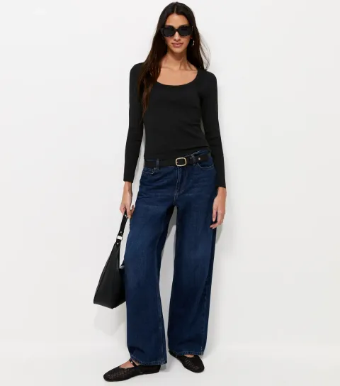 Women's Black Cotton Rich Long Sleeve Ribbed Scoop Neck Top