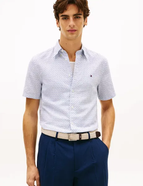 Tommy Hilfiger Regular Fit Linen Blend Geometric Shirt White Mix