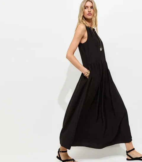 Women's Tall Black Drop Waist Sleeveless Midi Dress