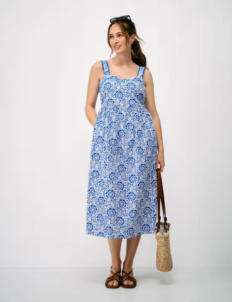 Pure Cotton Floral Midi Waisted Dress Blue Mix