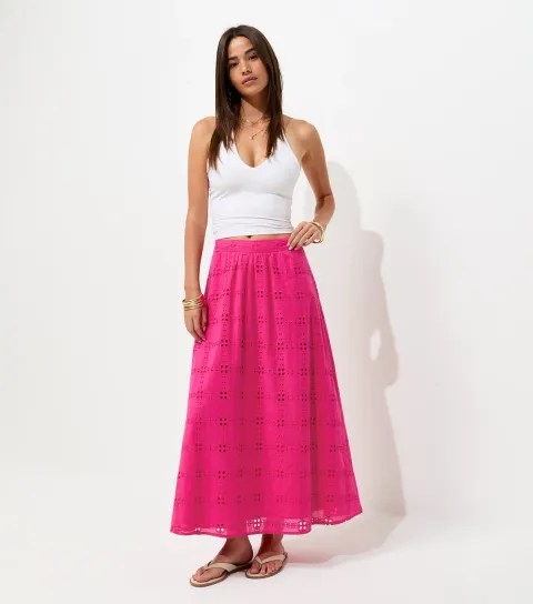 Women's Pink Embroidered Cut Out Maxi Skirt