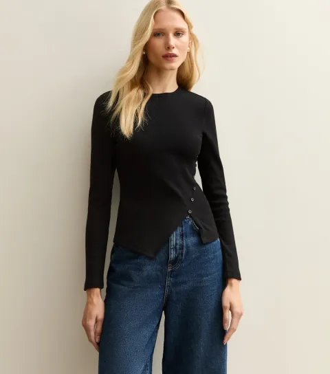 Women's Black Asymmetric Button Long Sleeve Top