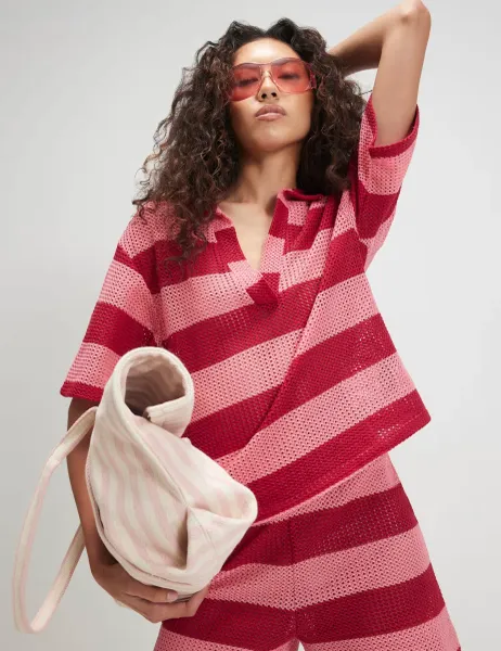 River Island Stripe Crochet Polo Top Pink Mix
