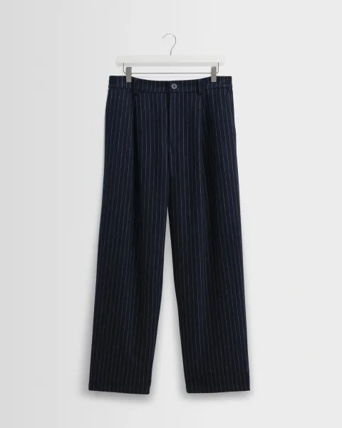 Malham - Navy Pinstripe Wool Trousers