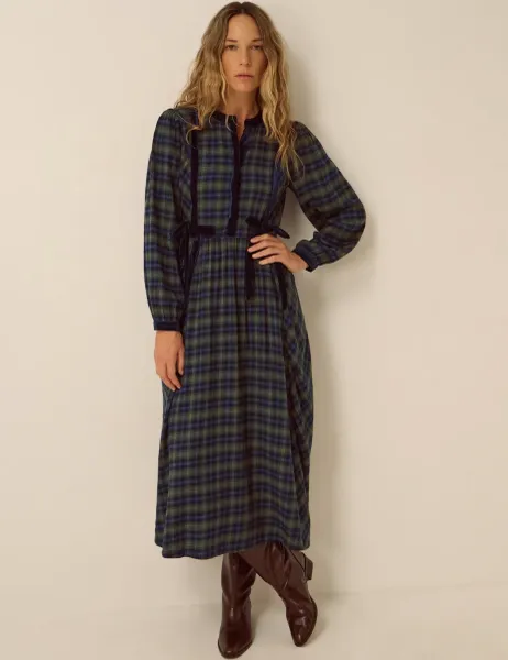 Cotton Blend Checked Midi Dress Navy Mix
