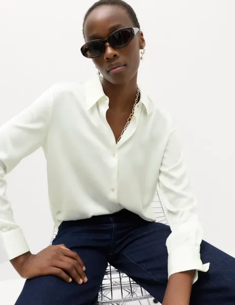 Marks & Spencer Satin Collared Button Through Shirt Ivory