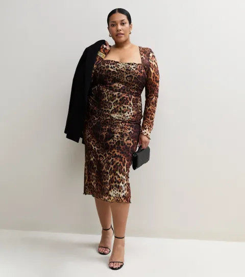New Look Women's Plus Size Brown Leopard Print Mesh Square Neck Midi Dress Curves