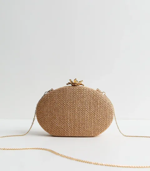 Stone Raffia Look Flower Clasp Box Clutch