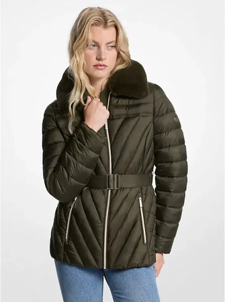 Faux Fur Trim Packable Nylon Puffer Jacket