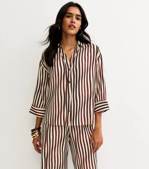 Women's Dark Brown Striped 3/4 Sleeve Shirt