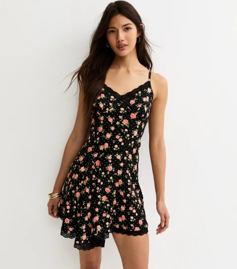 Women's Black Rose Pattern Lace Trim Mini Dress
