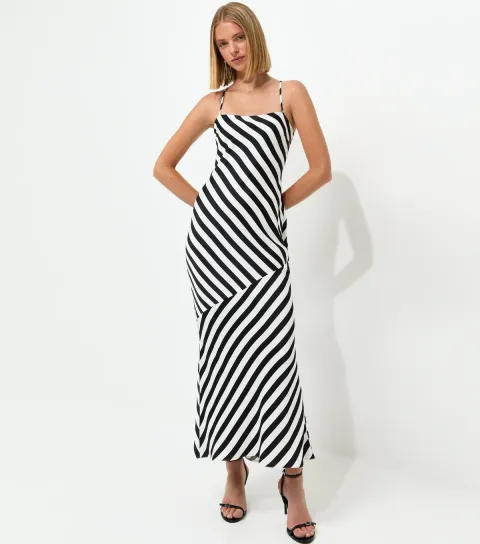 Women's Black Satin Diagonal Stripe Slip Midi Dress