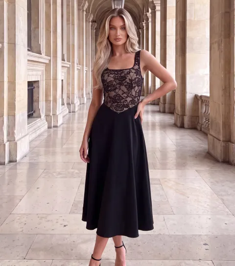 AX Paris Women's Black Lace Square Neck Midi Dress